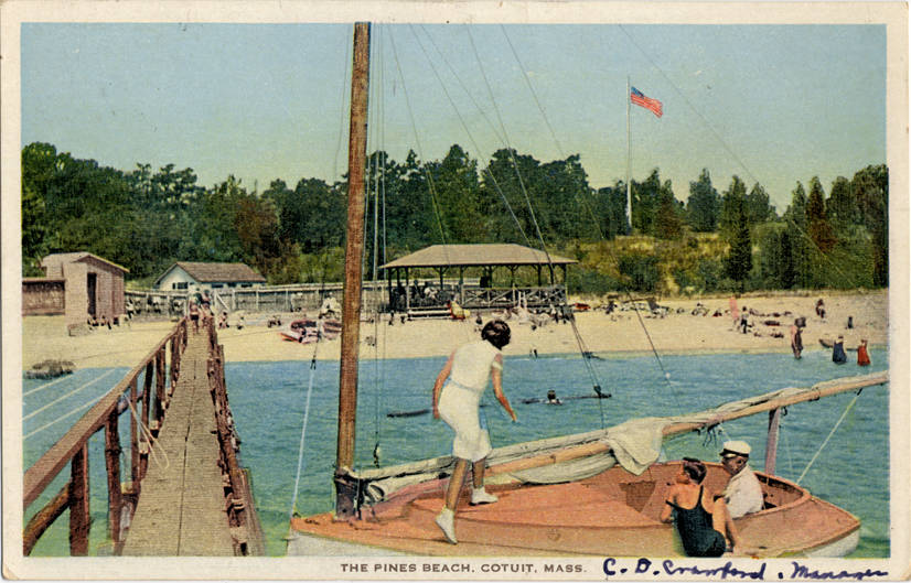 Historic public domain postcard of The Pines Beach in Cotuit